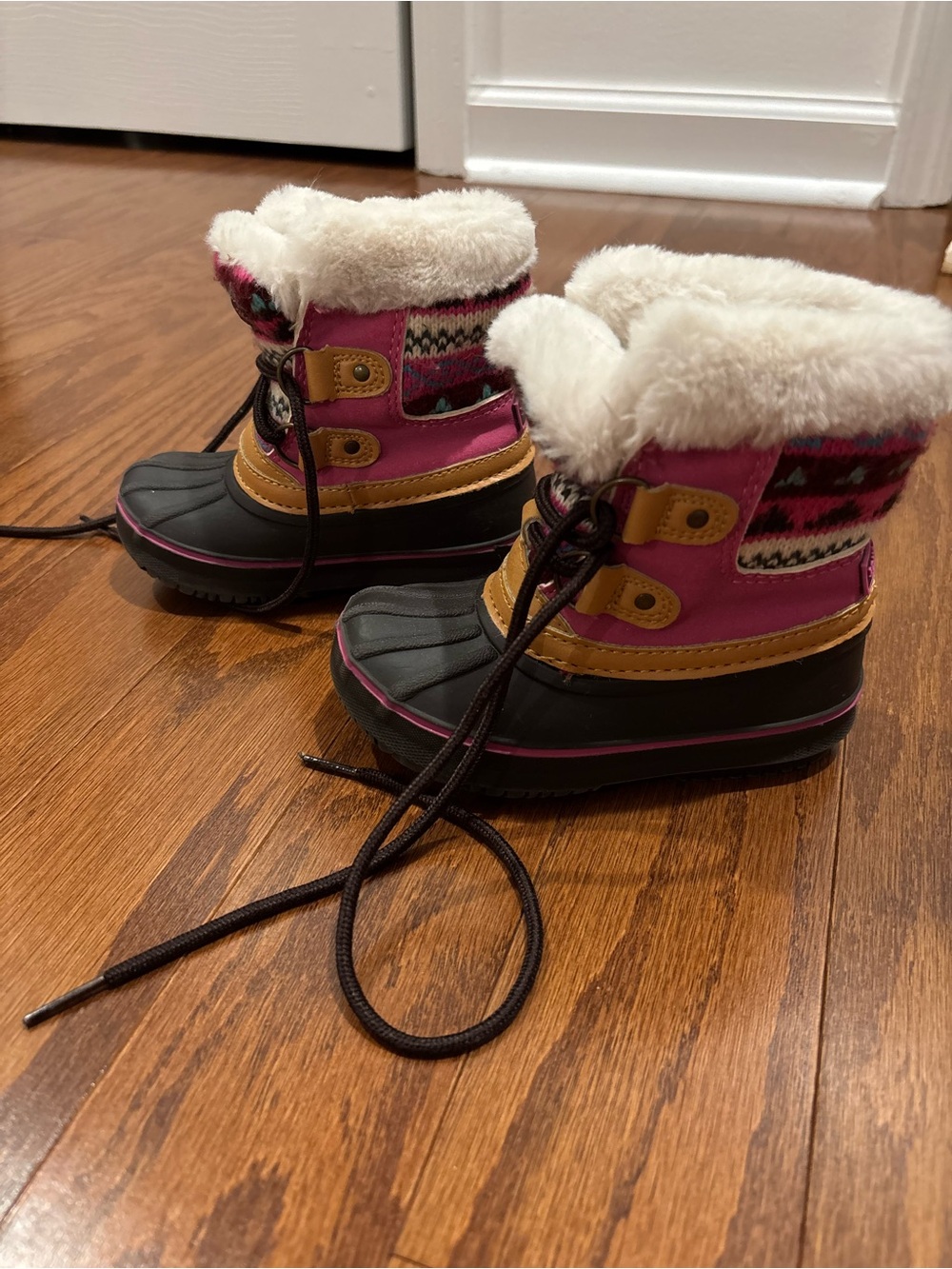 London Fog Kids Pink Faux-Fur Winter Snow Boots with Black Waterproof Shell